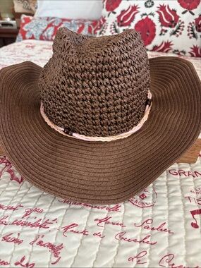 NWT Vince Camuto Brown Braided Straw Bucket Hat with Pink Beaded Accent Band